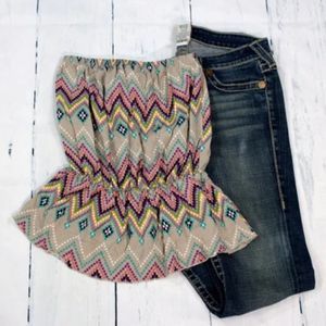 NWT Gray Pink Yellow Blissful Chevron Tube Top Bandeau Off Shoulder Peplum